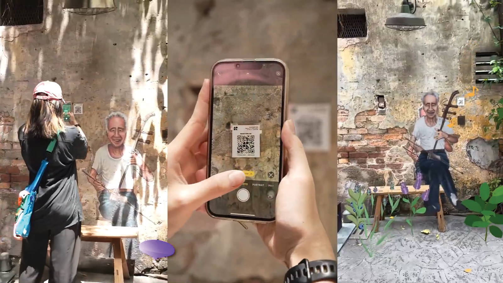 ARFestKL — visitor scanning a QR code on a downtown KL street wall to activate a WebAR artwork